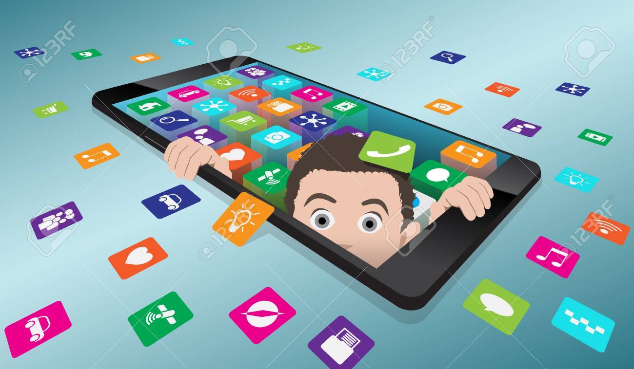 A frightened man looks out of smartphone. The return to reality from virtual reality, vector illustration with well organized layers - 83237680 A frightened man looks out of smartphone. The return to reality from virtual reality, vector illustration with well organized layers - 83237680