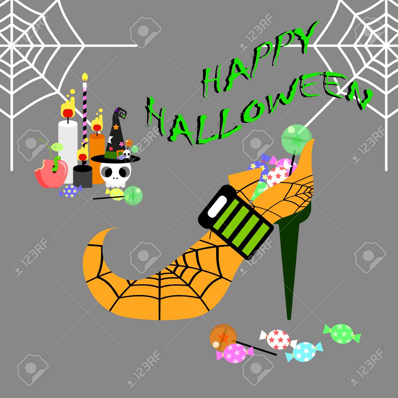 happy halloween greeting card with high heel candy skull apple