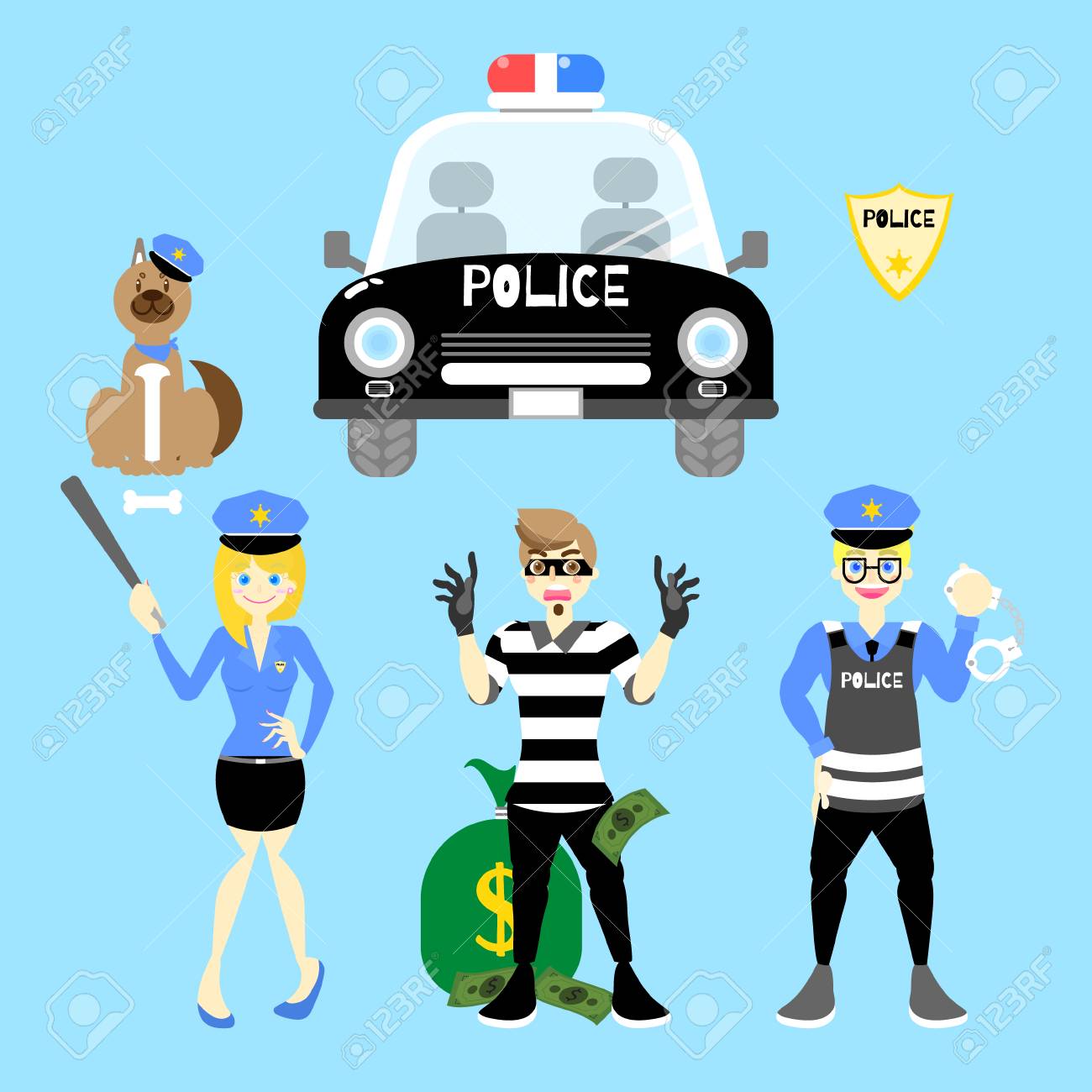 Police Man And Police Woman With Car, Thief, Dog In Blue Background, Vector  Illustration Flat Cartoon Character Design Clip Art Royalty Free SVG,  Cliparts, Vectors, and Stock Illustration. Image 116272069., image size:1300x1300