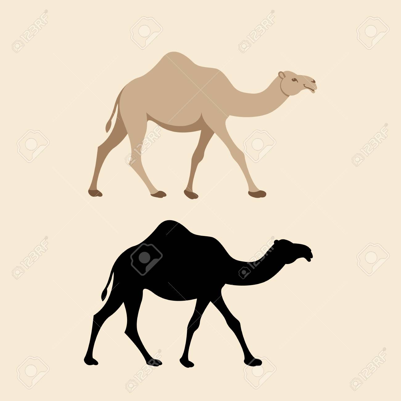 ブラックとフラット スタイルのラクダの動物のベクトル図の茶色のシルエットのイラスト素材 ベクタ Image