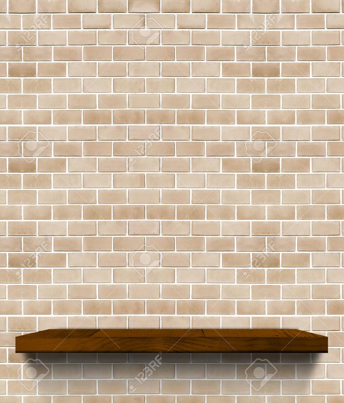 dark brown wooden shelf on regular light orange brick wall template