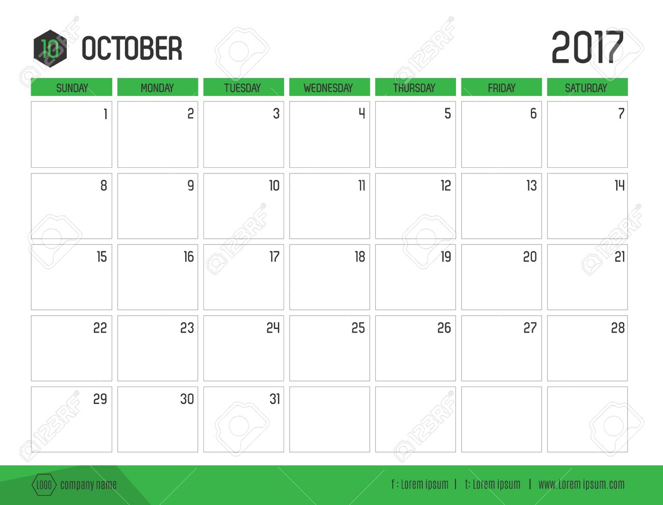 Vector Del Calendario 2017 Año Nuevo Octubre Con La Barra De Color Verde Y Plantilla De Estilo Moderno Limpio Inicio De La Semana En Domingo
