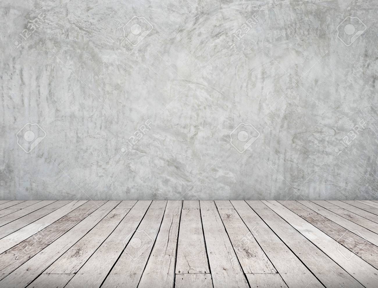 room perspective grunge grey concrete wall and wooden plank ground