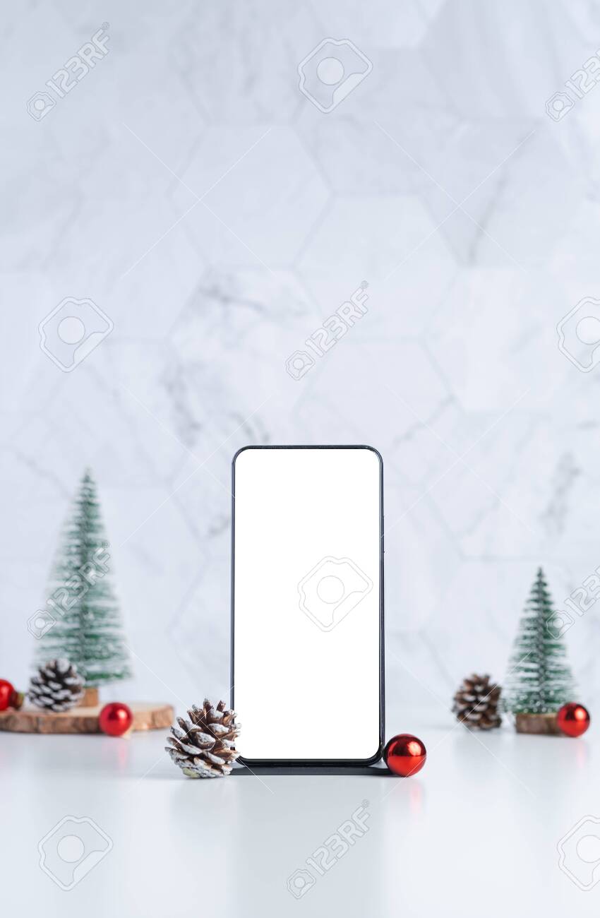 Download Mockup Screen Mobile With Christmas Tree With Pine Cone And Decor Stock Photo Picture And Royalty Free Image Image 132234697