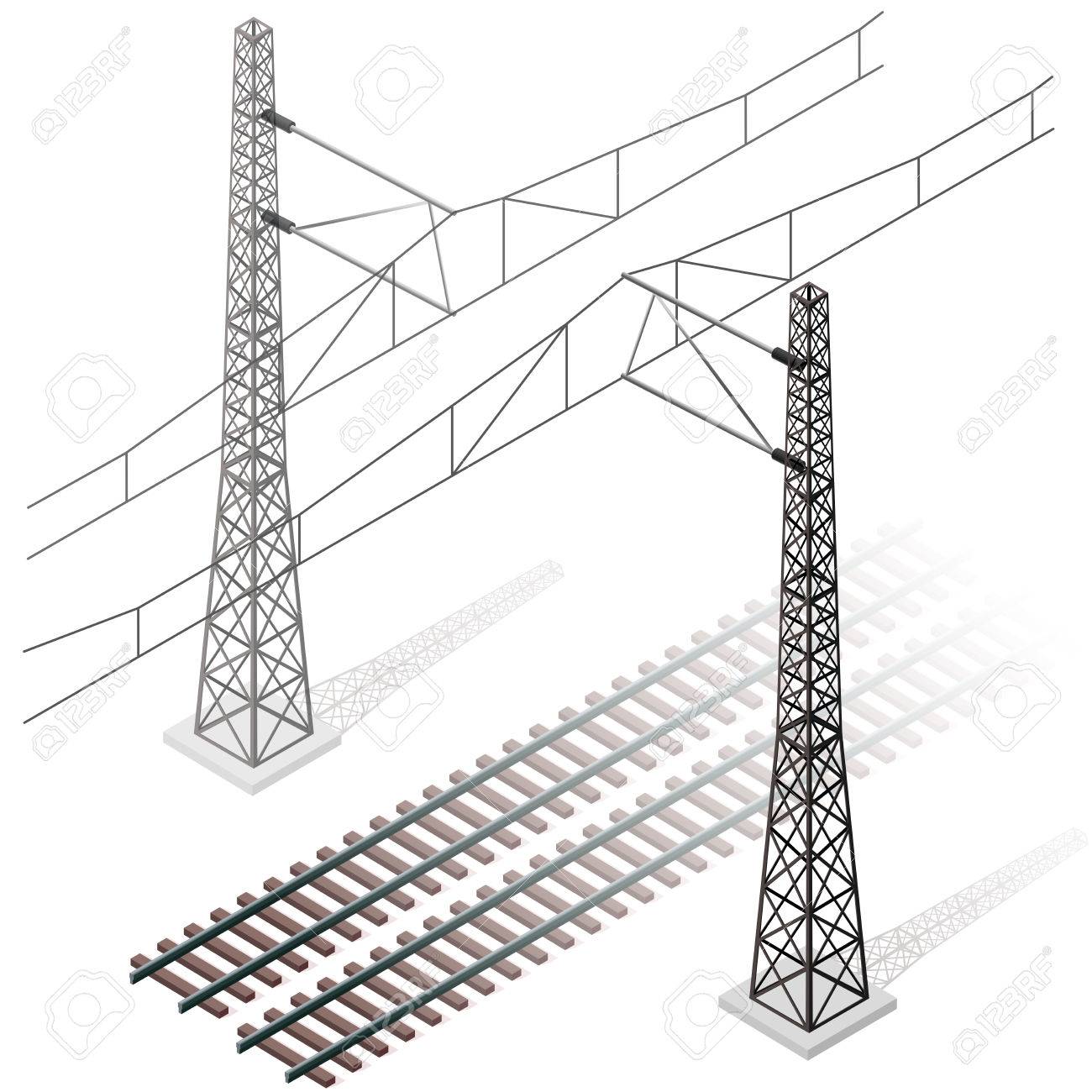 ベクトル鉄道鉄道鉄道電力線と白い背景に分離された 3 d 等角遠近法。トロリーと鉄塔。産業交通建物。フレットの金属トラック アーキテクチャ