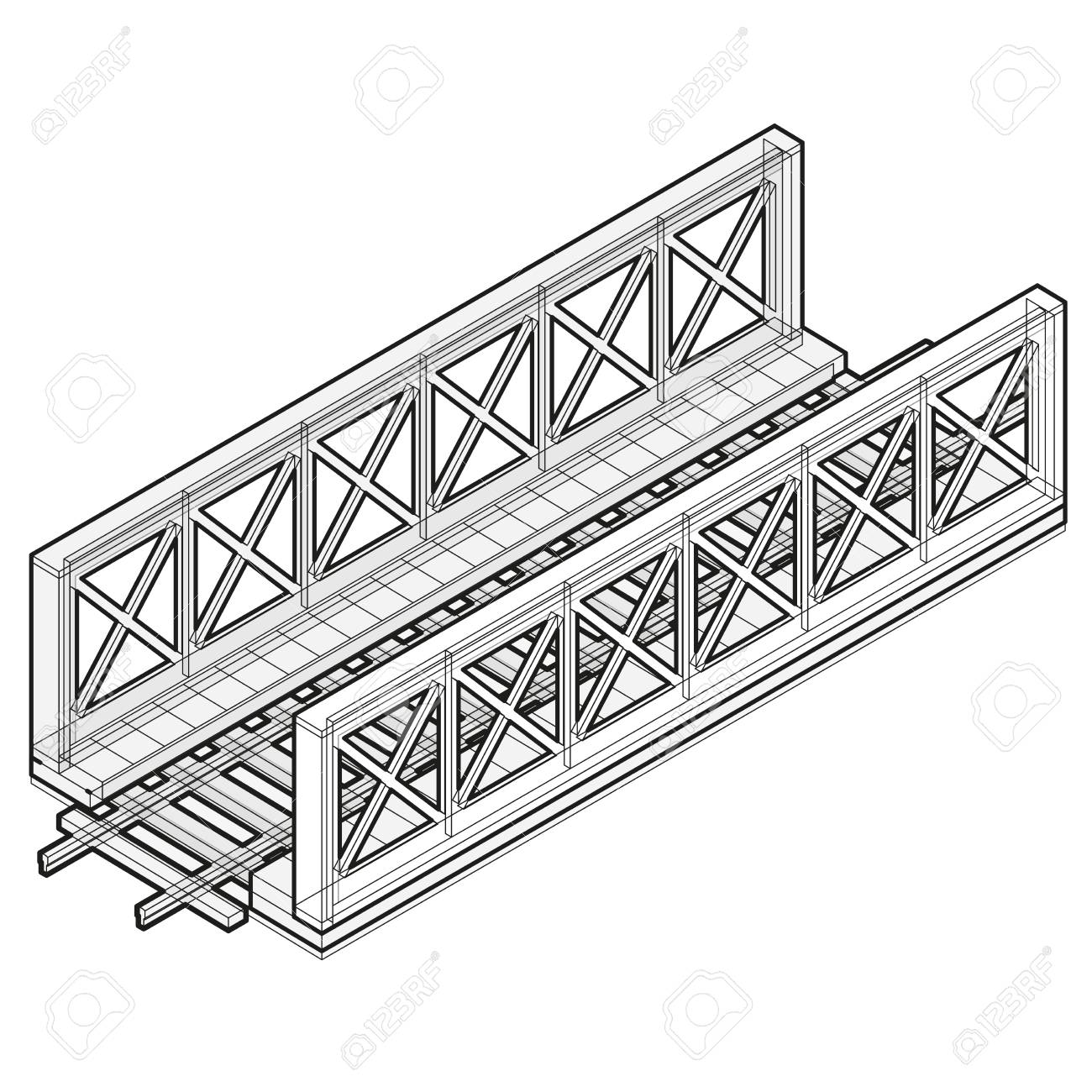 写真素材 , 白い背景に分離された 3 d 等角遠近法ベクトル鉄道橋。産業交通建物。金属建築。レールと鉄道橋の概要を説明します。組み立てられた橋の建設