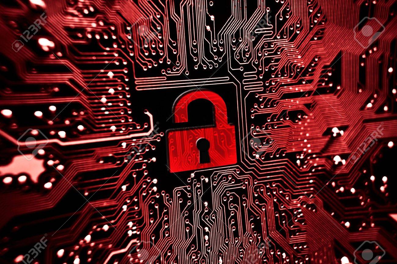 hacked symbol on computer circuit board with open red padlock stockhacked symbol on computer circuit board with open red padlock stock photo 30070984