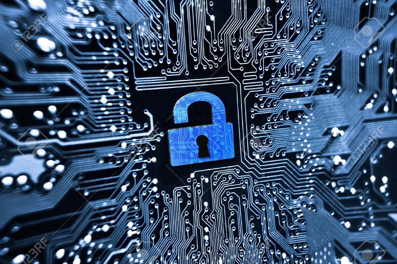 hacked symbol on computer circuit board with open red padlock stock