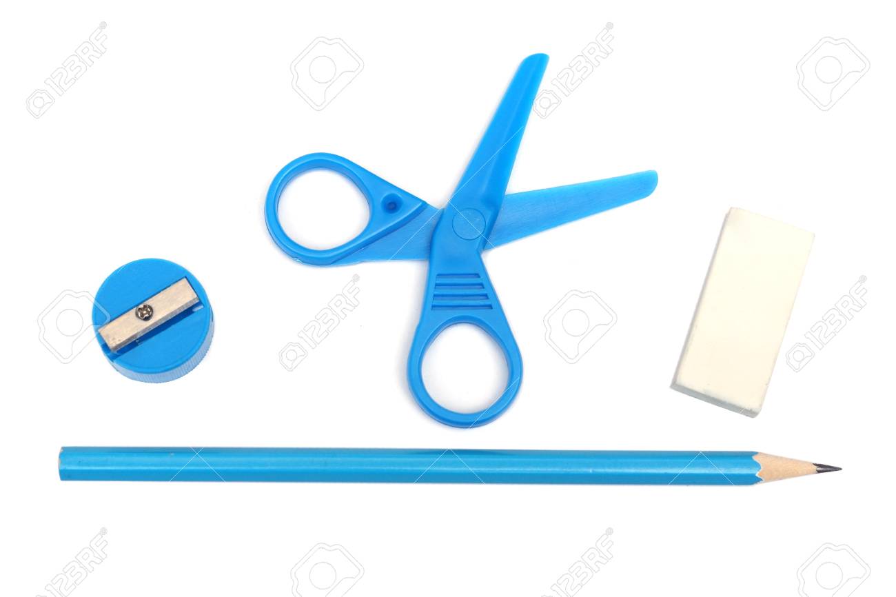 Pencil, Eraser, Scissors, And Sharpener Stationery Set For Kids Stock  Photo, Picture and Royalty Free Image. Image 74604047., image size:1300x866