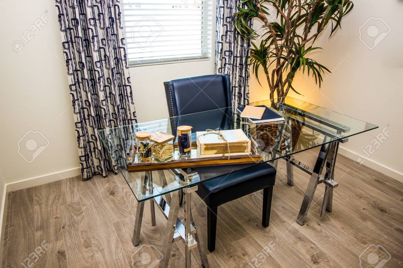 Modern Home Office Glass Desk With High Back Chair