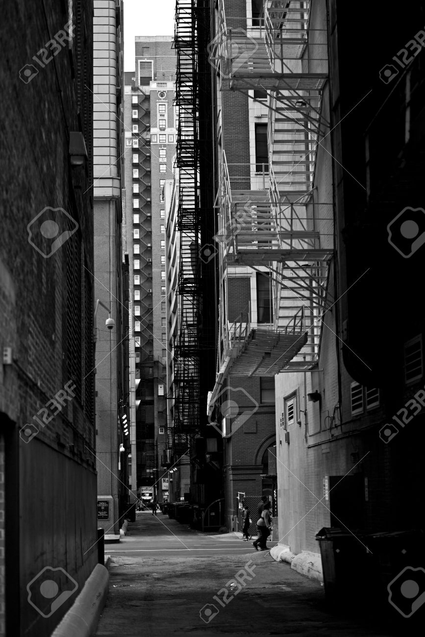 Chicago downtown alley in black and white vertical photography