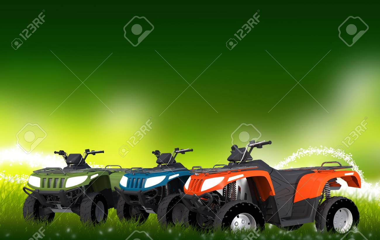 Atv クワッドの牧草地 コピー スペースを持つ 3 つのクワッド バイクのイラスト の写真素材 画像素材 Image