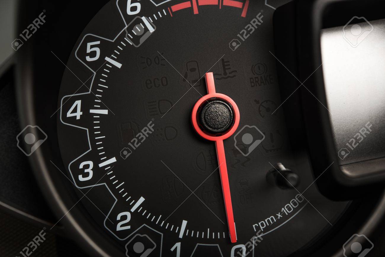 modern gas fuel car tachometer rpm meter closeup stock photo