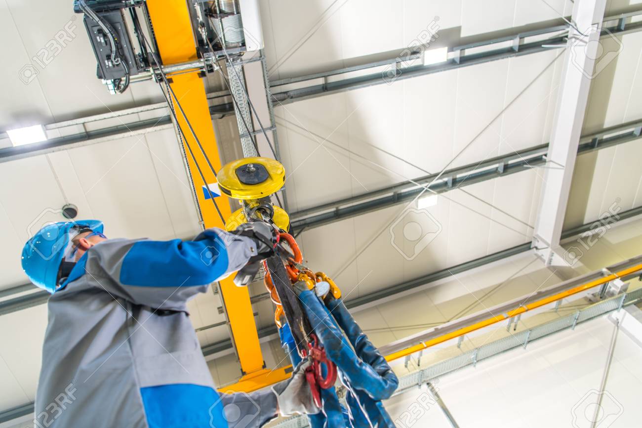 Ceiling Mounted Crane Lift Caucasian Operator Industrial