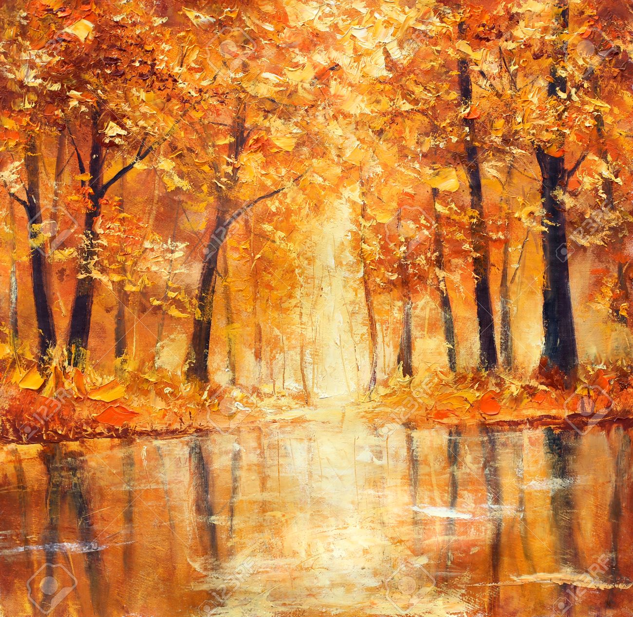 絵画写真街灯に映し出される紅葉の風景