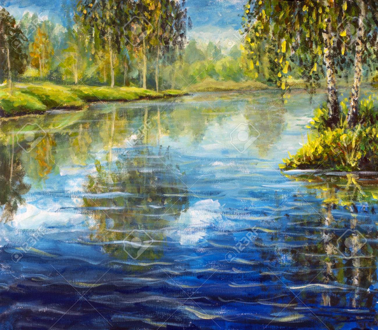 真作】絵画 油彩6号 湖畔と山の風景画 優美な自然の描写 静寂の森と湖