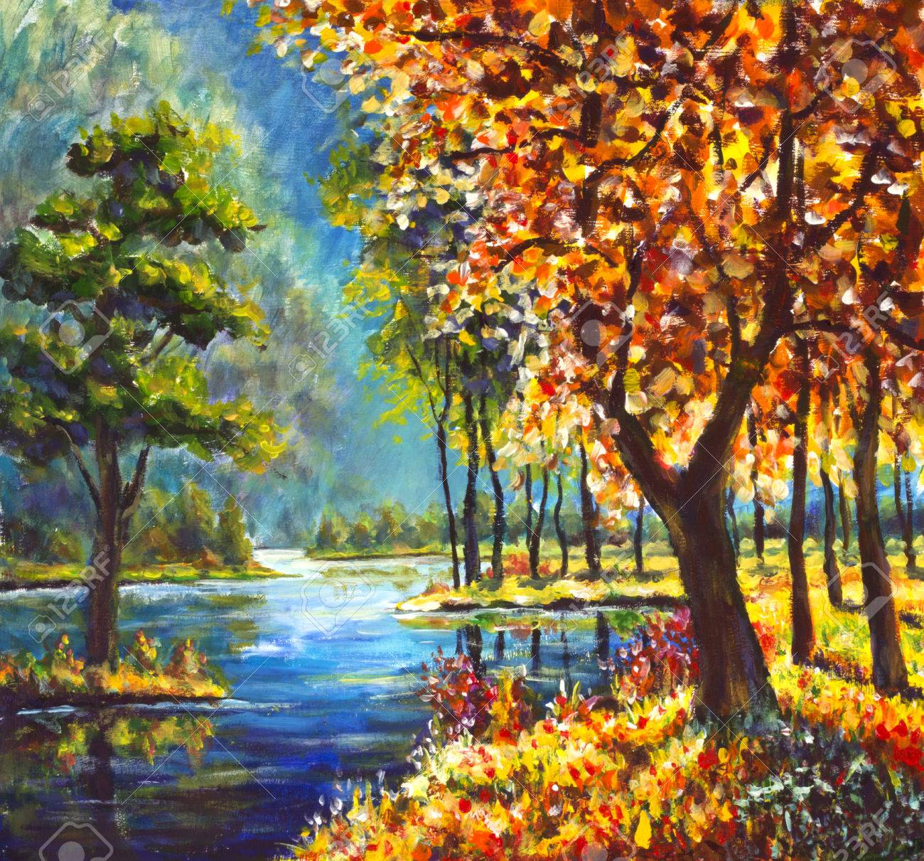 元の油絵金紅葉と背景には青い山川の岸に緑の松の木 美しい日当たりの良い山の風景 現代印象派絵画芸術 の写真素材 画像素材 Image 元の油絵金紅葉と背景には青い山川の岸に緑の松の木 美しい日当たりの良い山の風景 現代印象派絵画芸術 の写真素材 画像素材 Image