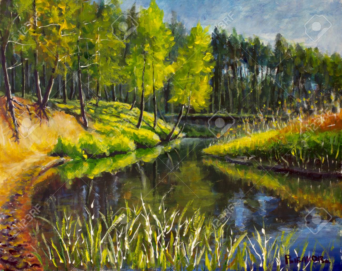 Original Oil Painting Bright Green Trees Are Reflected In The