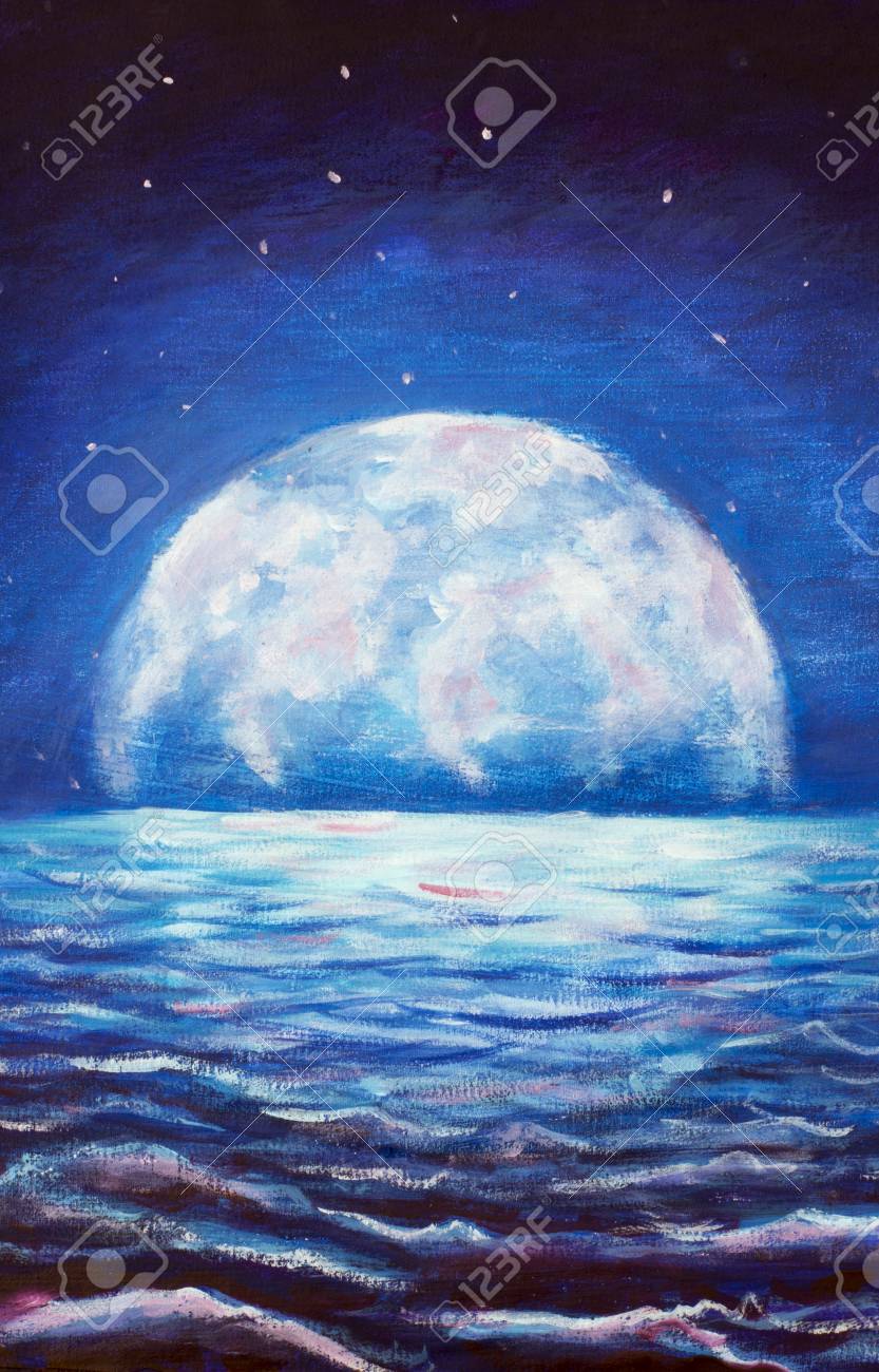 月と海油絵