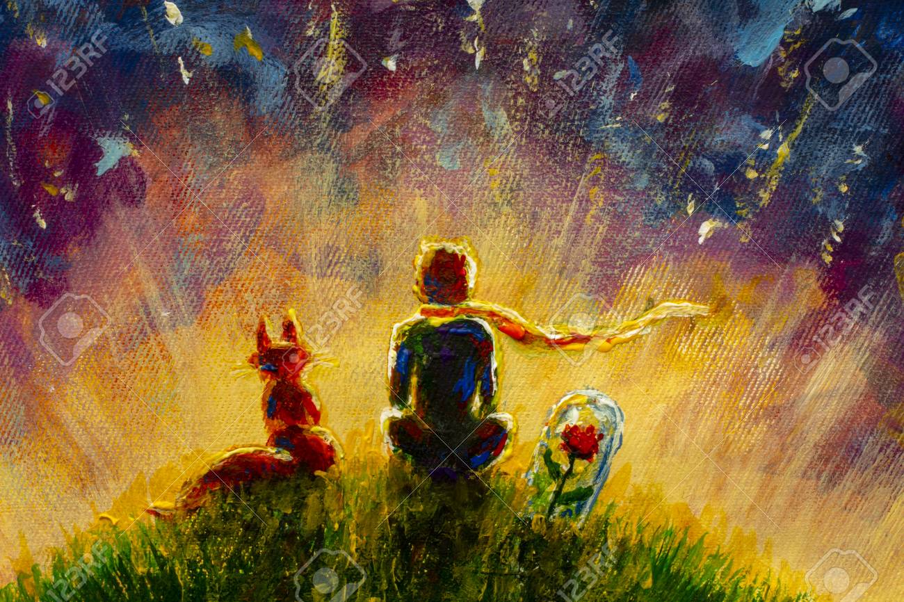 Original oil painting Little prince and fox and Red Rose sitting on grass under starry sky. Colorful illustration. - 109406337 Original oil painting Little prince and fox and Red Rose sitting on grass under starry sky. Colorful illustration. - 109406337