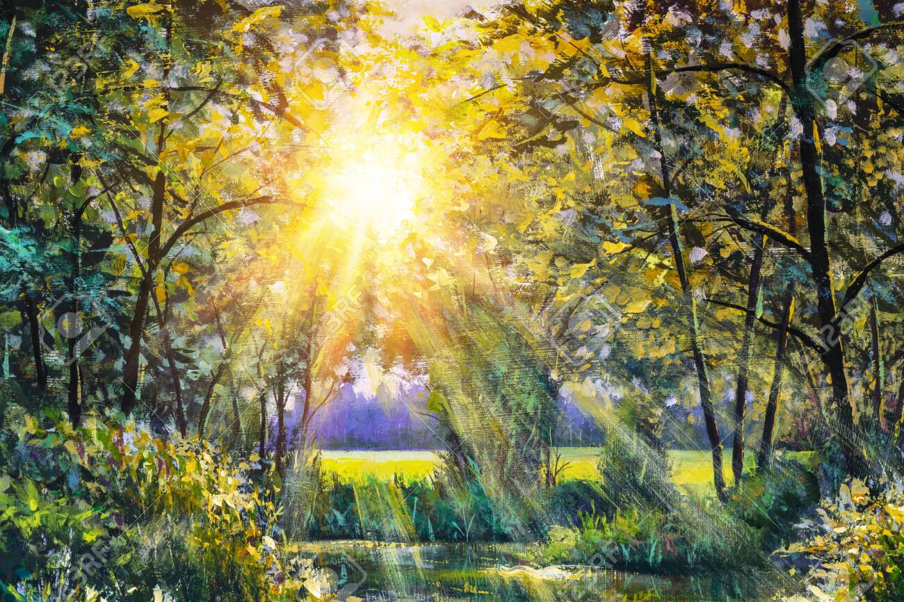 Impressionism Oil Painting Beautiful Morning In The Forest Stock ...