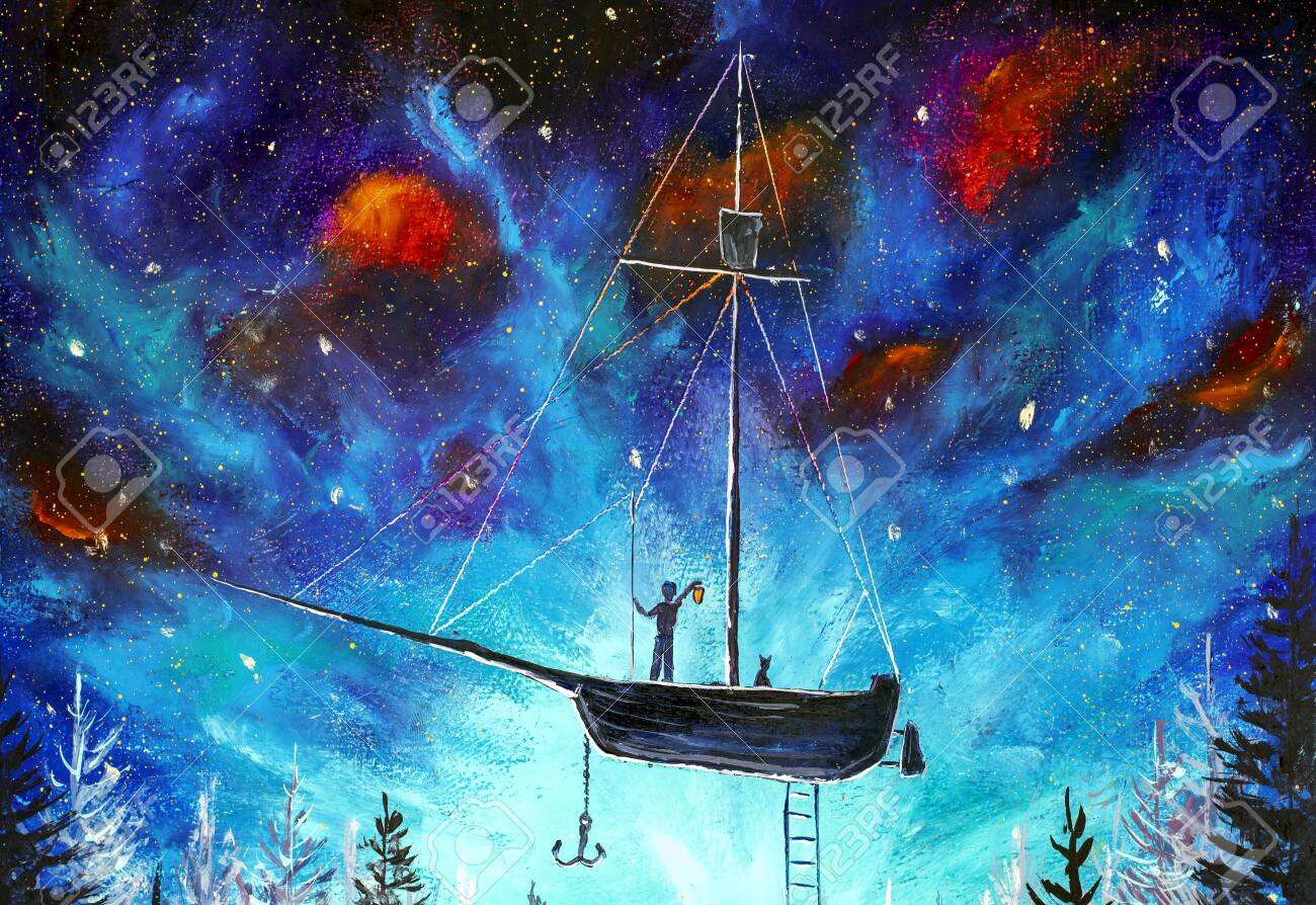 油彩画　空の上の船 アレクサンダー・シェンデロフの海景画：キャンバスに描かれた