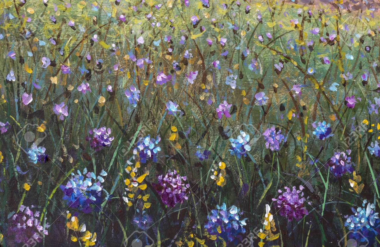 花の絵、草の中の青黄色紫の花、油絵風景印象派のアートワークの写真