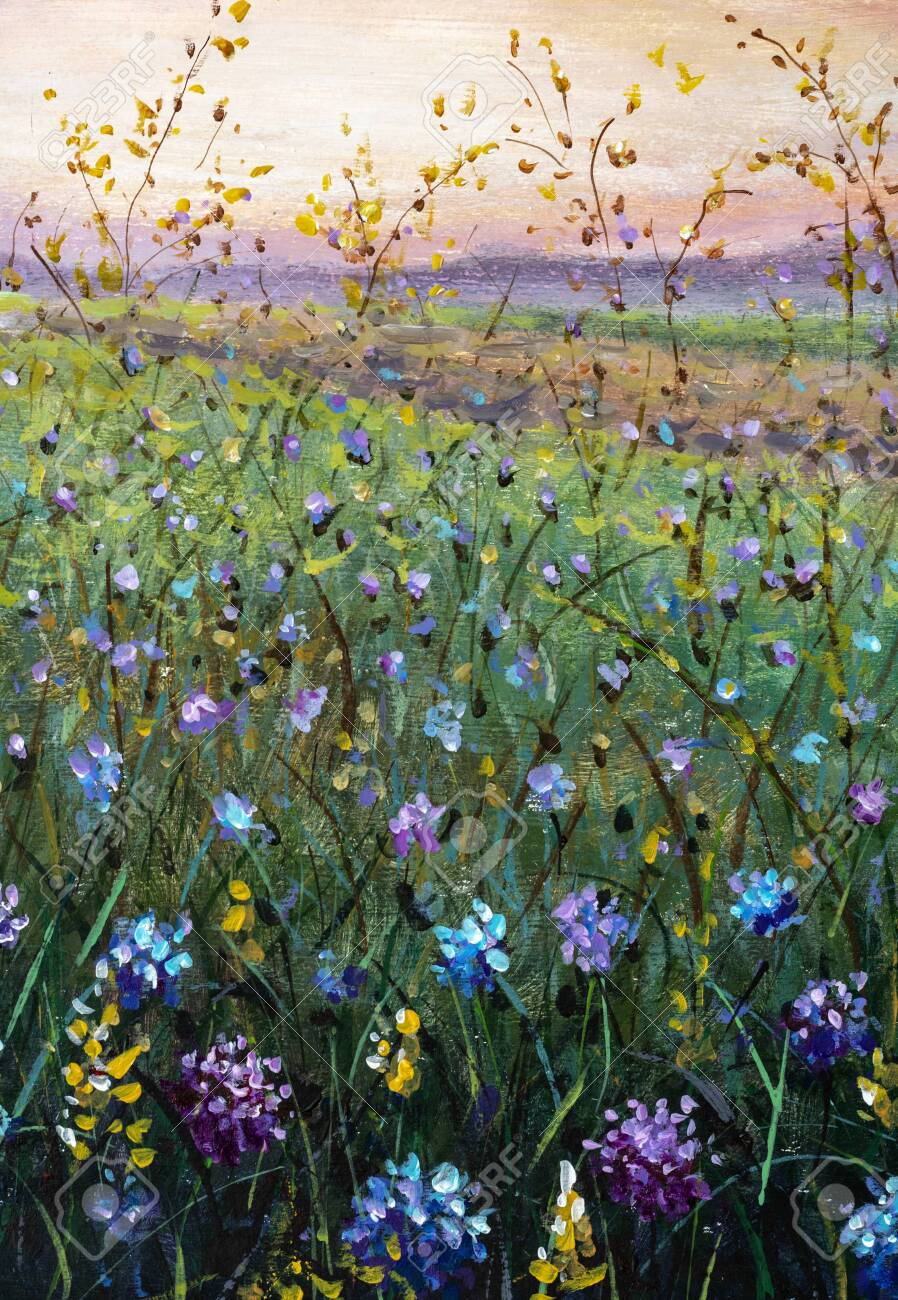 花畑の油絵。アーティストによる美しい花野花風景画の写真素材