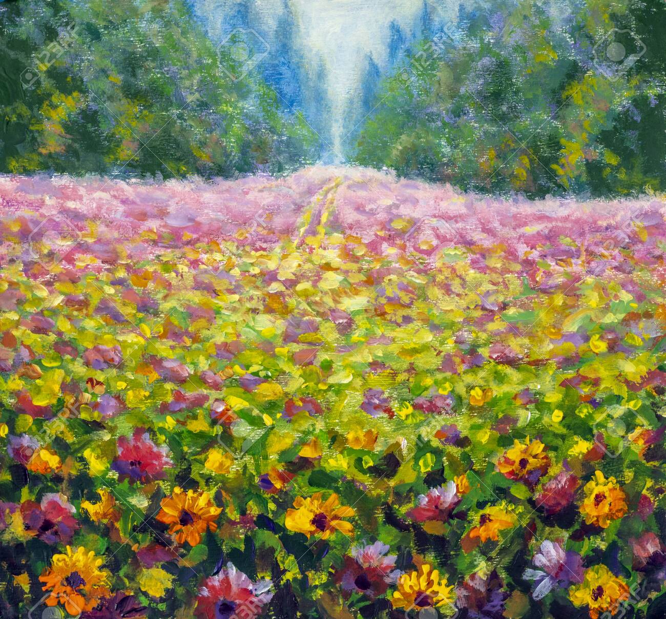 花のオリジナルの油絵、キャンバス上の美しい野原の花。現代