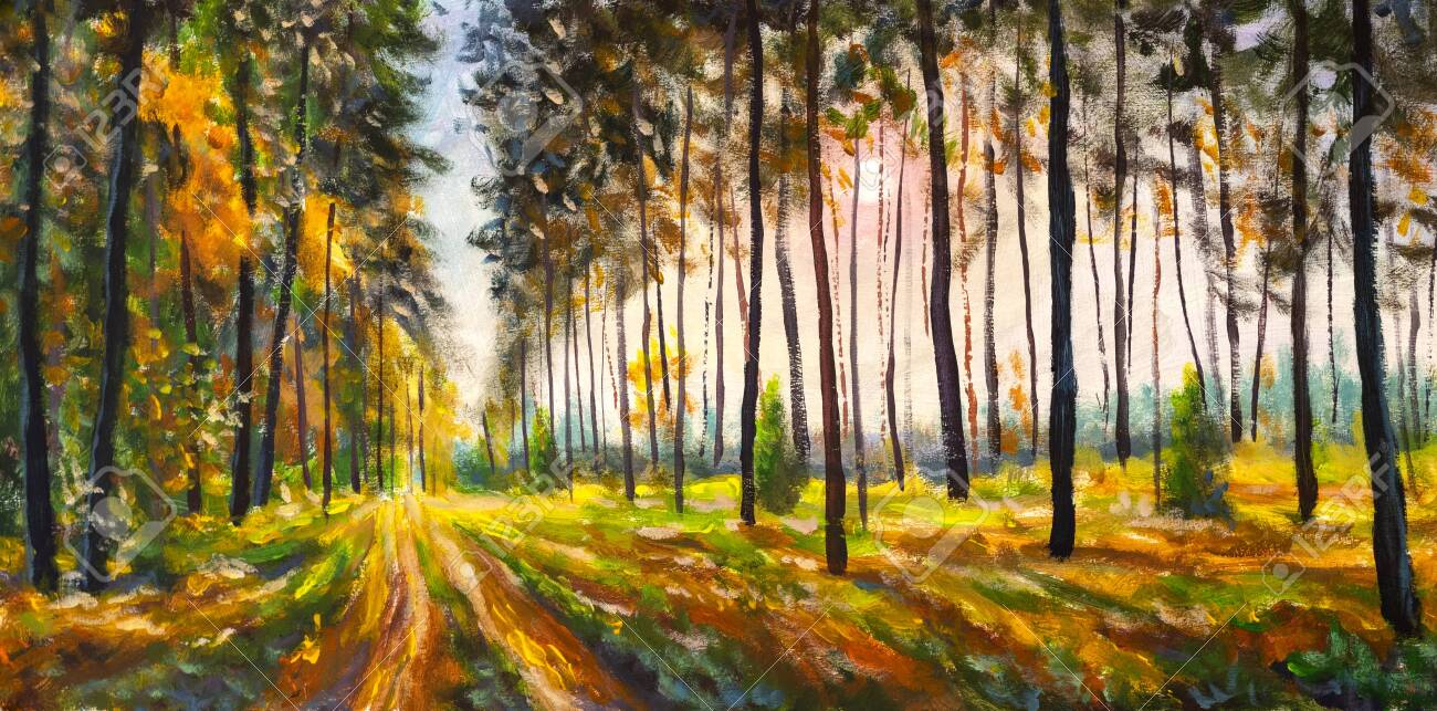 Panorama Autumn Forest Landscape Oil Painting Stock Photo Picture And Royalty Free Image Image