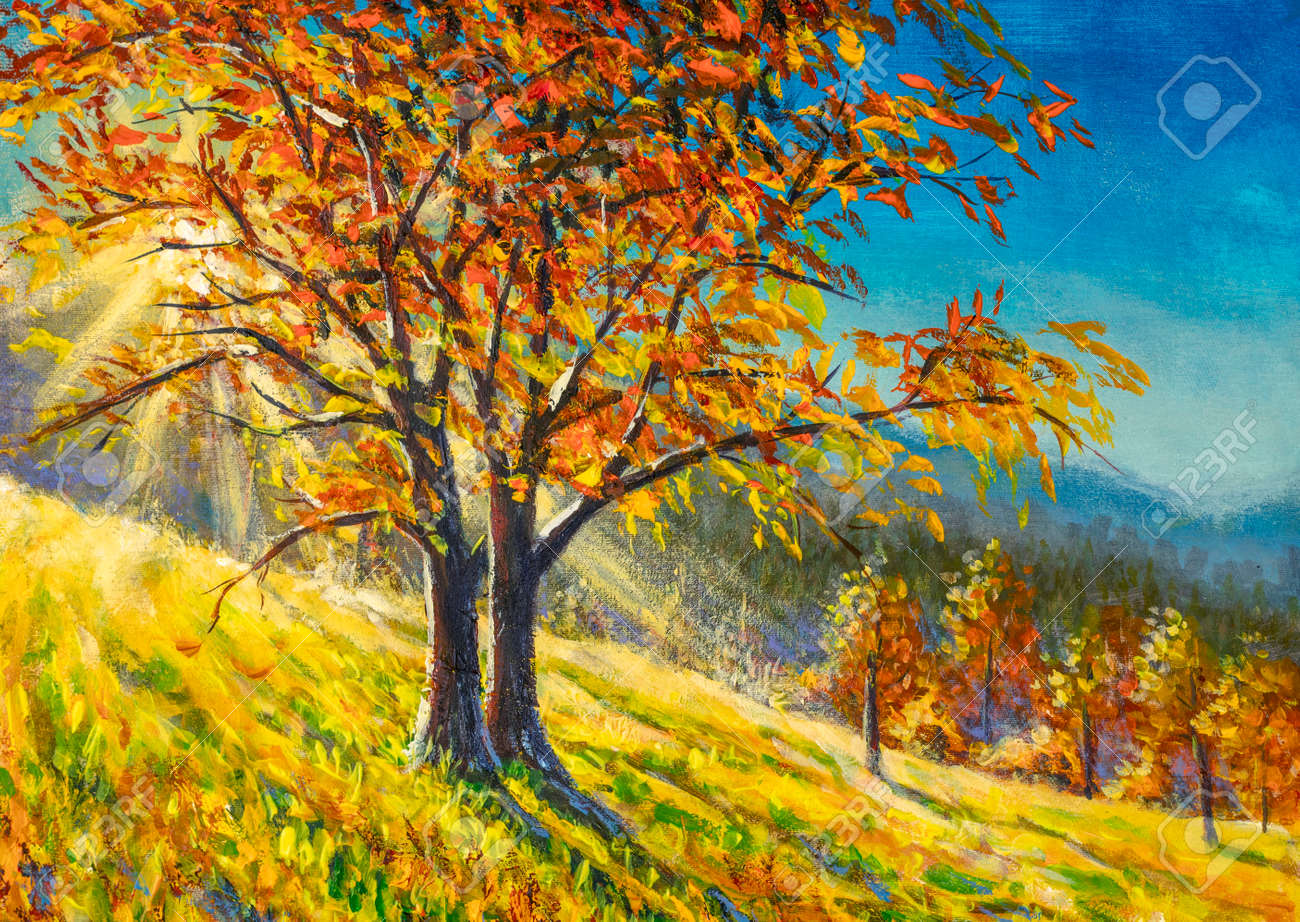 秋の絵。秋のアートワーク。秋の公園のイラスト。太陽光線の秋の木々と