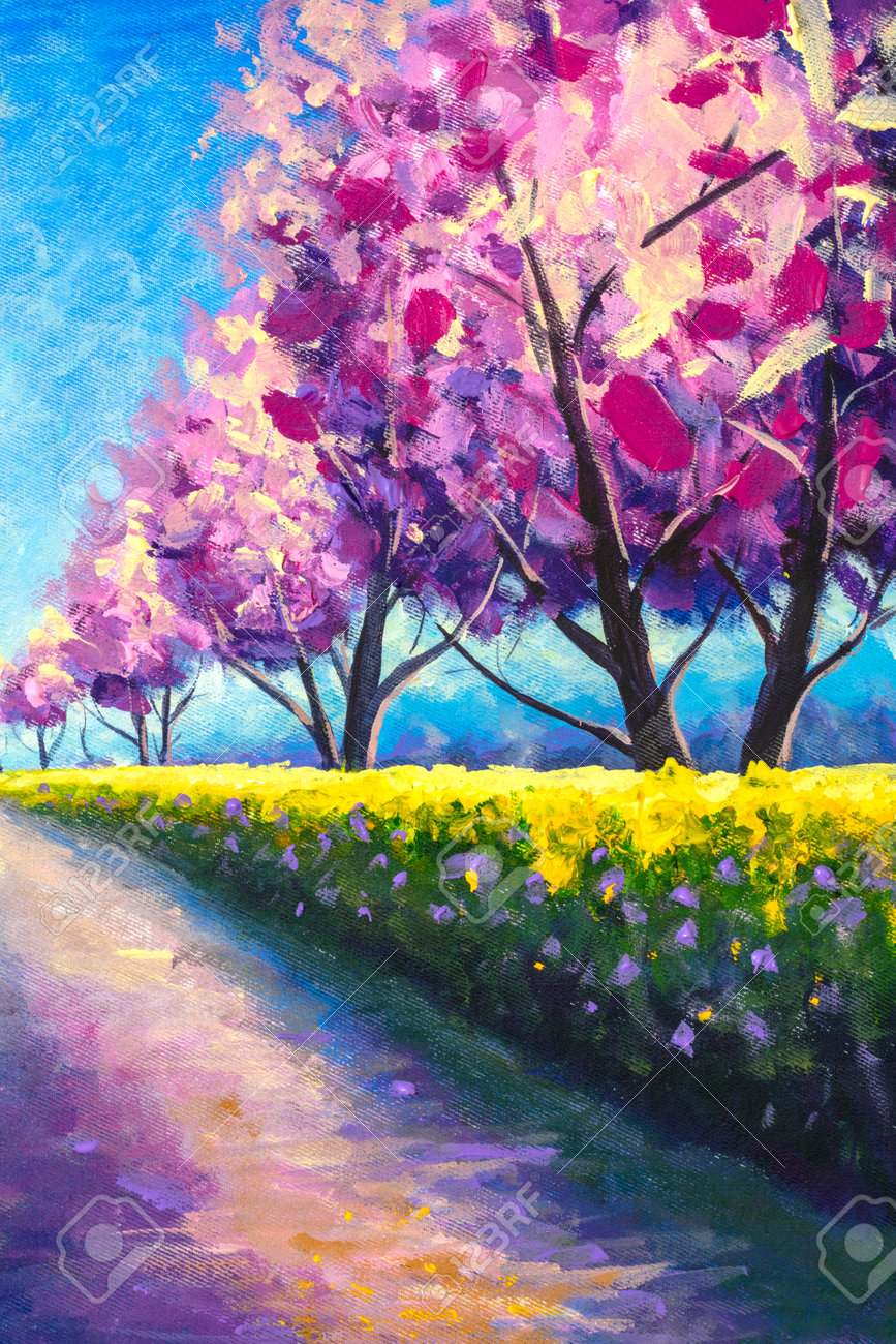 VerticalOilピンクの花が咲く桜の木の路地がある日当たりの良い