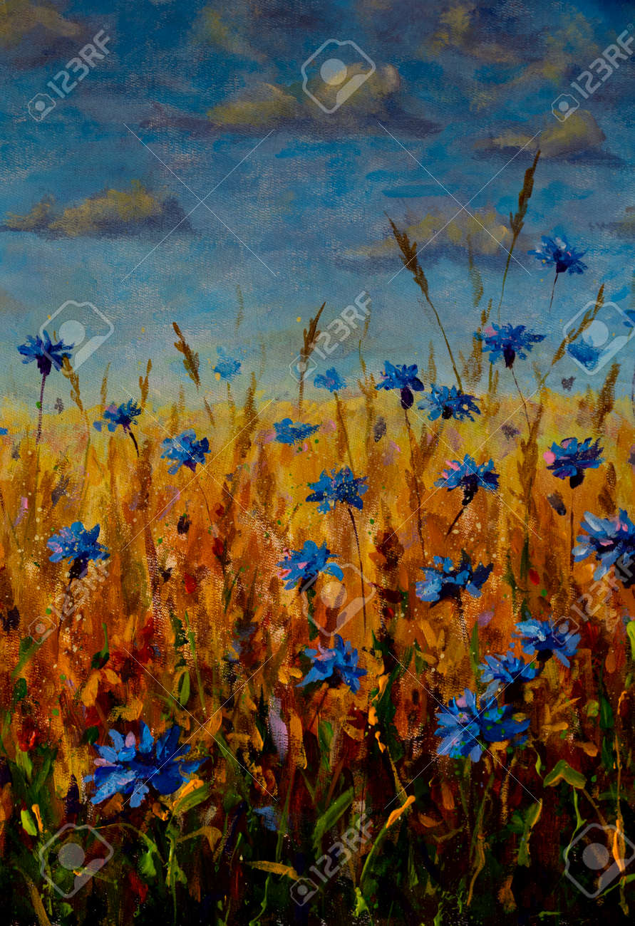油絵 油彩 油彩画 絵 絵画 【blue flower field】 青い花の印象派風油彩画