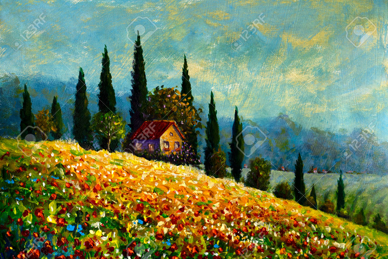 夏の自然の風景。日当たりの良い花の山の絵画の古い美しい家モネ絵画