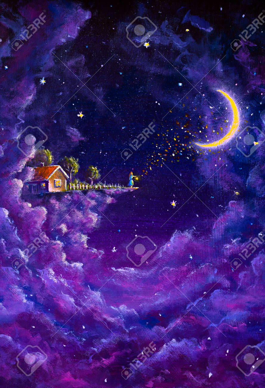 オリジナルイラスト 油絵 背景画 風景画 夜空