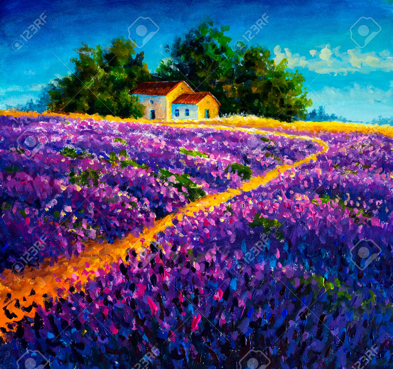 油彩「富良野ラベンダー畑」 油彩額 油絵 風景画 油彩 絵画 花 原画