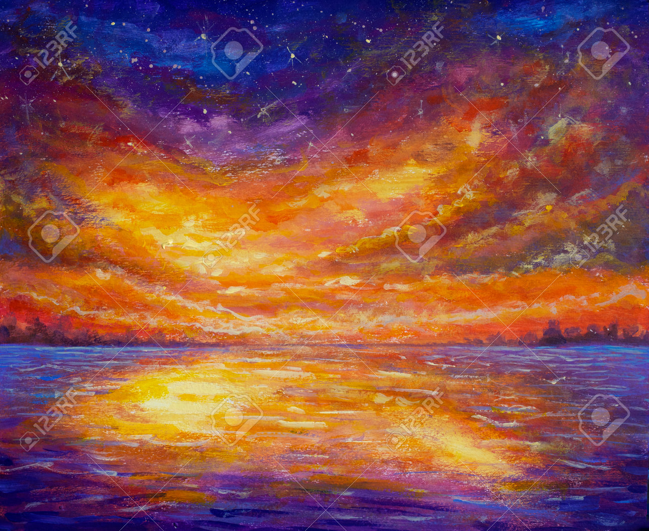 印象派風 油彩画 夕焼けの海 F12
