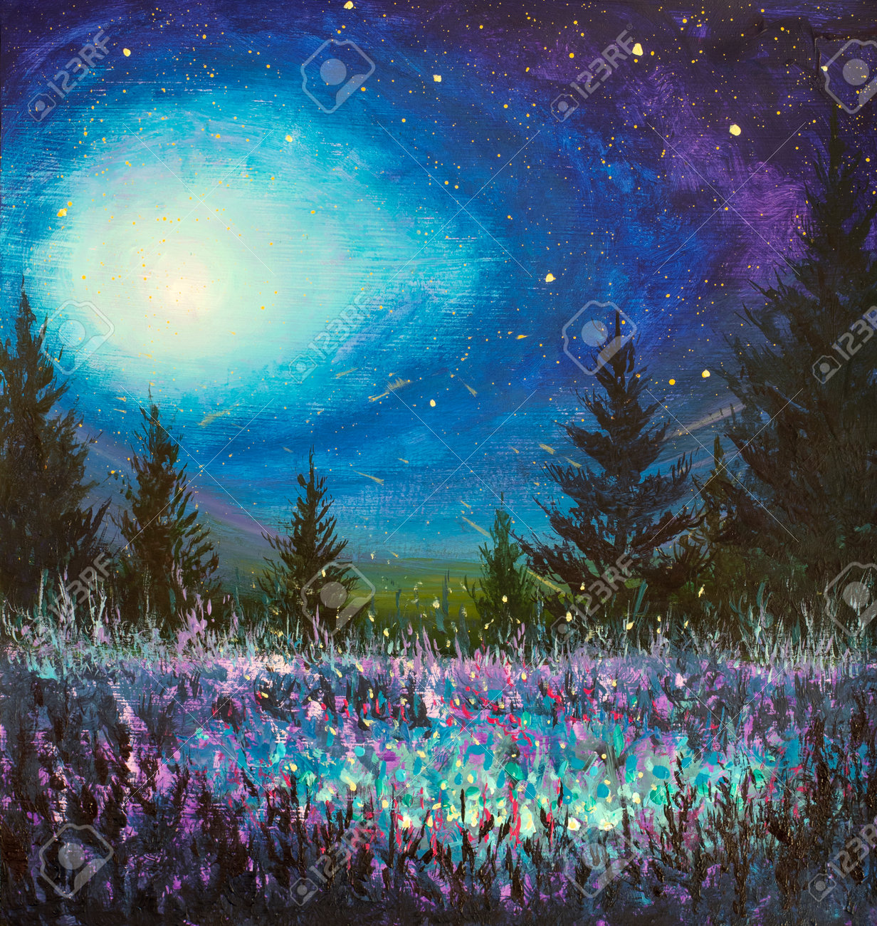 キャンバスにアクリル絵の具紫の夜の森の風景油絵の写真素材