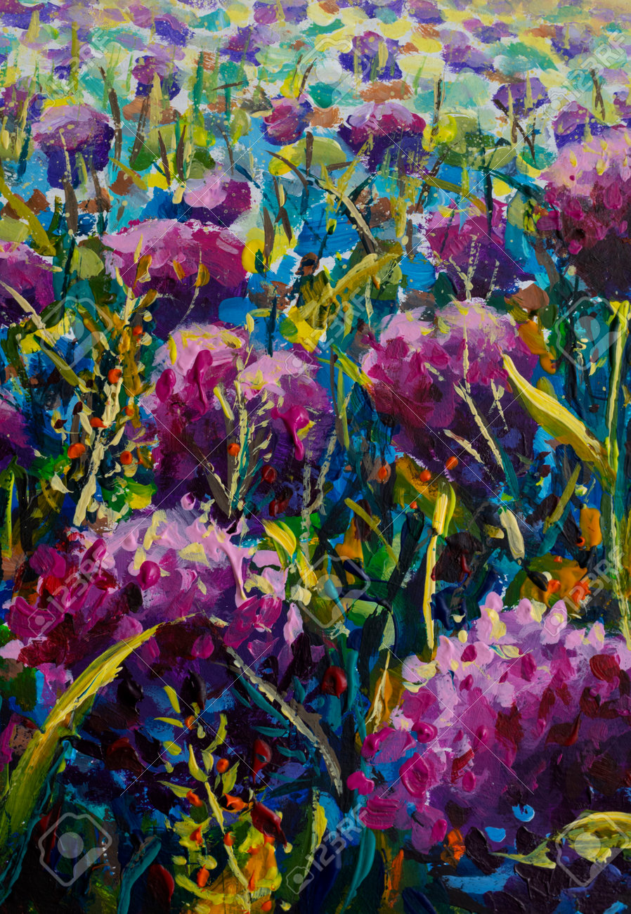 垂直油絵花風景 – カラフルなピンクの紫色の花野生の花芸術