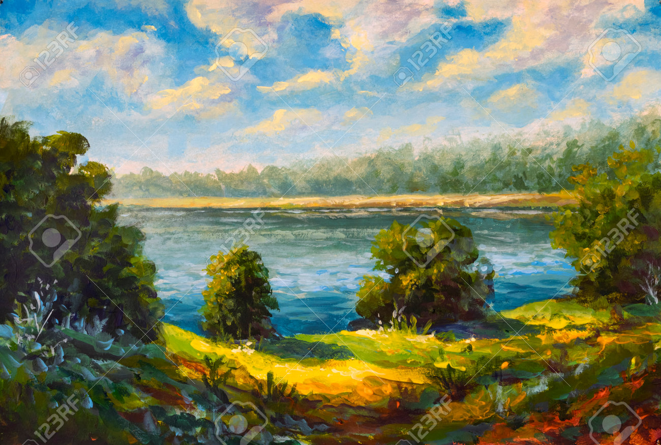 Rural Sunny Landscape With River, Trees And Forest In The Background. Hand  Painting On Canvas Summer Clouds On The Blue Sky Acrylic Painting  Illustration. Stock Photo, Picture and Royalty Free Image. Image, image size:1300x876