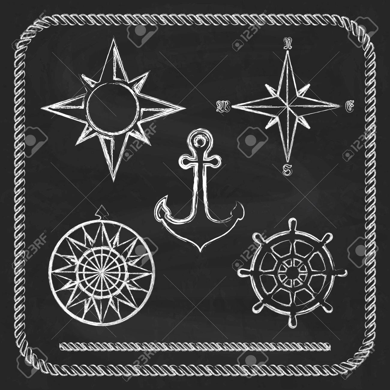 nautical symbols compass anchor on chalkboard background royalty
