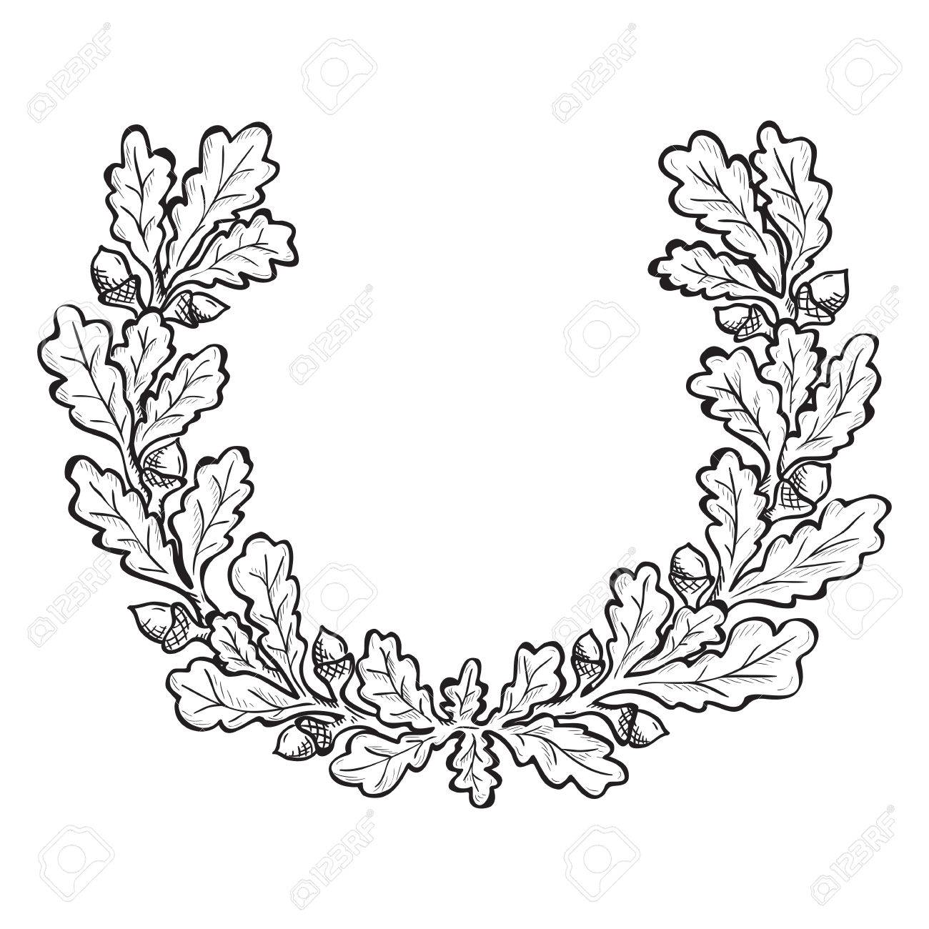 artistic hand drawn illustration of oak wreath ink drawing
