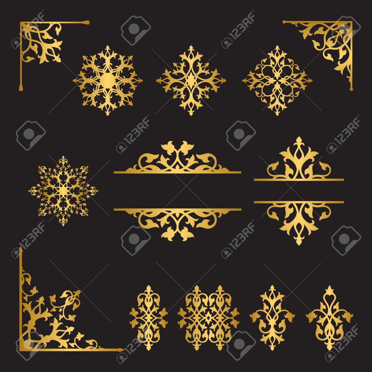 Graphic Floral Corners Decor And Borders In Gold Color On Black Royalty Free Cliparts Vectors And Stock Illustration Image 72176495