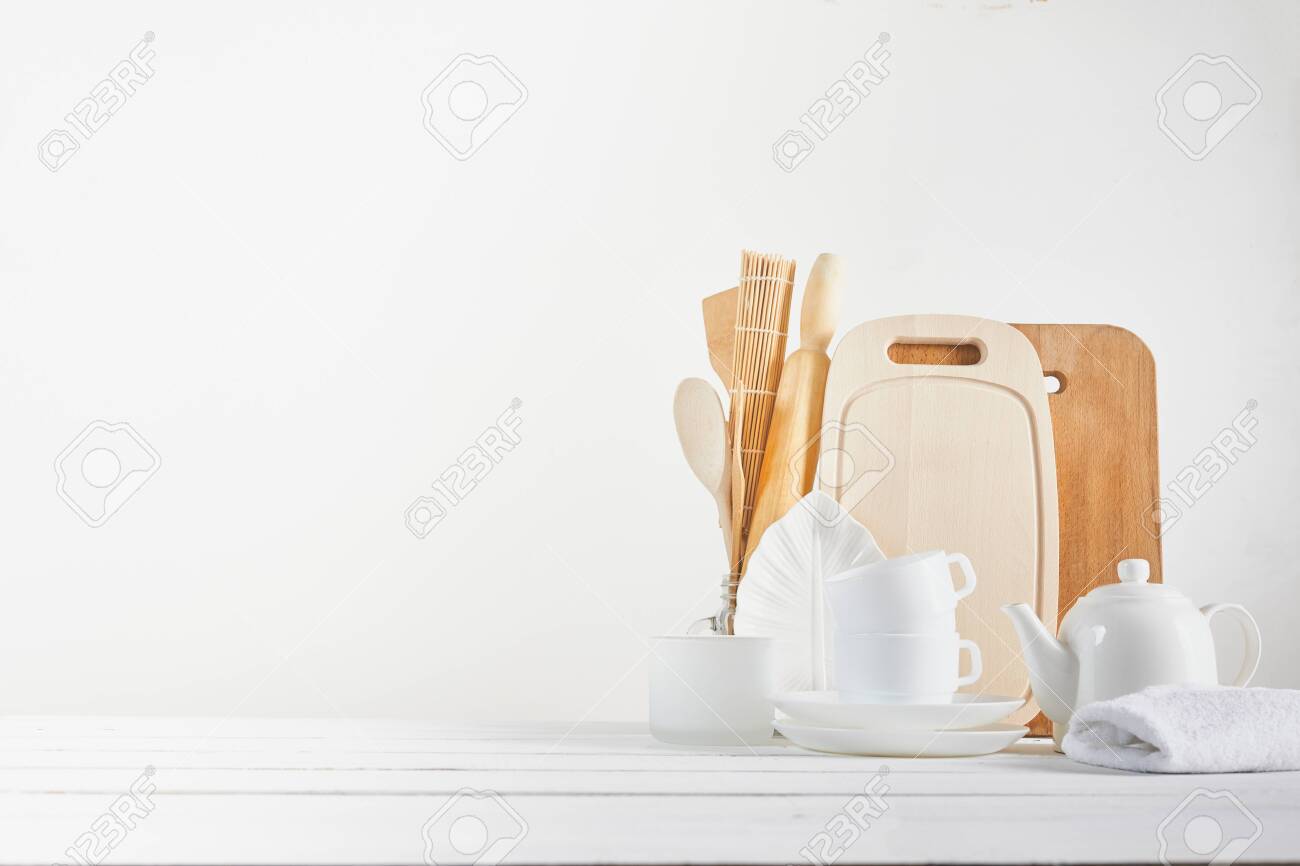 Download Kitchen Background For Mockup With Spoon Teapot Cups On White Stock Photo Picture And Royalty Free Image Image 139618176