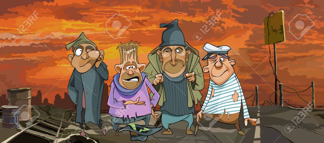 Cartoon Lustige Obdachlose Manner In Zerlumpten Kleidern In Trummern Lizenzfrei Nutzbare Vektorgrafiken Clip Arts Illustrationen Image