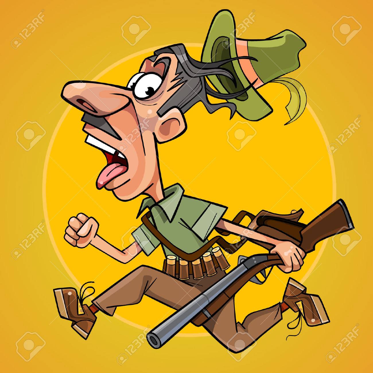 Chasseur De Bande Dessinee Drole Avec Un Fusil S Enfuit En Effrayant Clip Art Libres De Droits Vecteurs Et Illustration Image