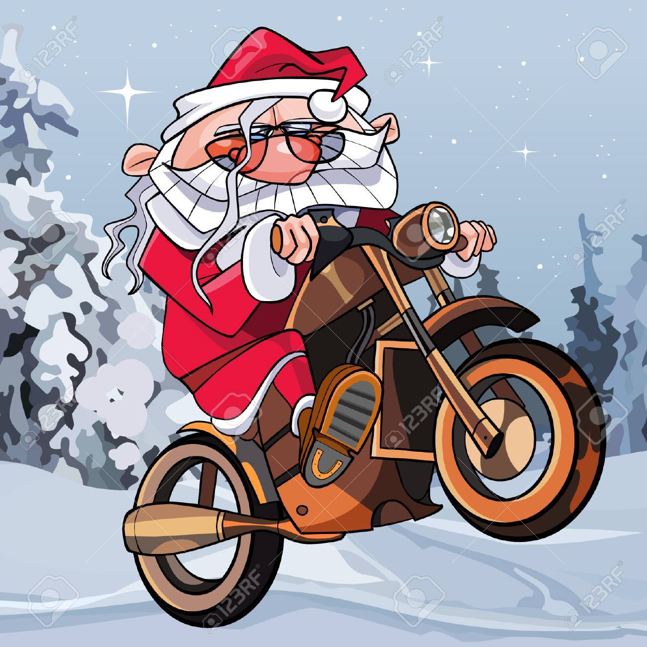 Cartoon Funny Santa Claus On A Motorcycle In The Woods. Royalty Free SVG,  Cliparts, Vectors, and Stock Illustration. Image 88905789.
