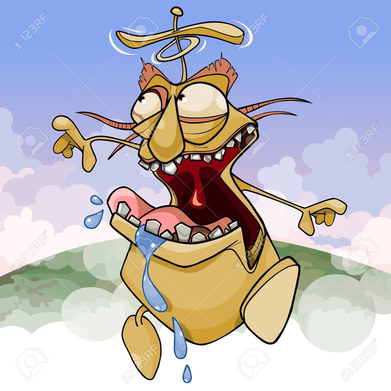 땅 위로 날아가는 그의 머리에 프로펠러가 달린 재미있는 환상적인 캐릭터 로열티 무료 사진, 그림, 이미지 그리고 스톡포토그래피.  Image 107266413