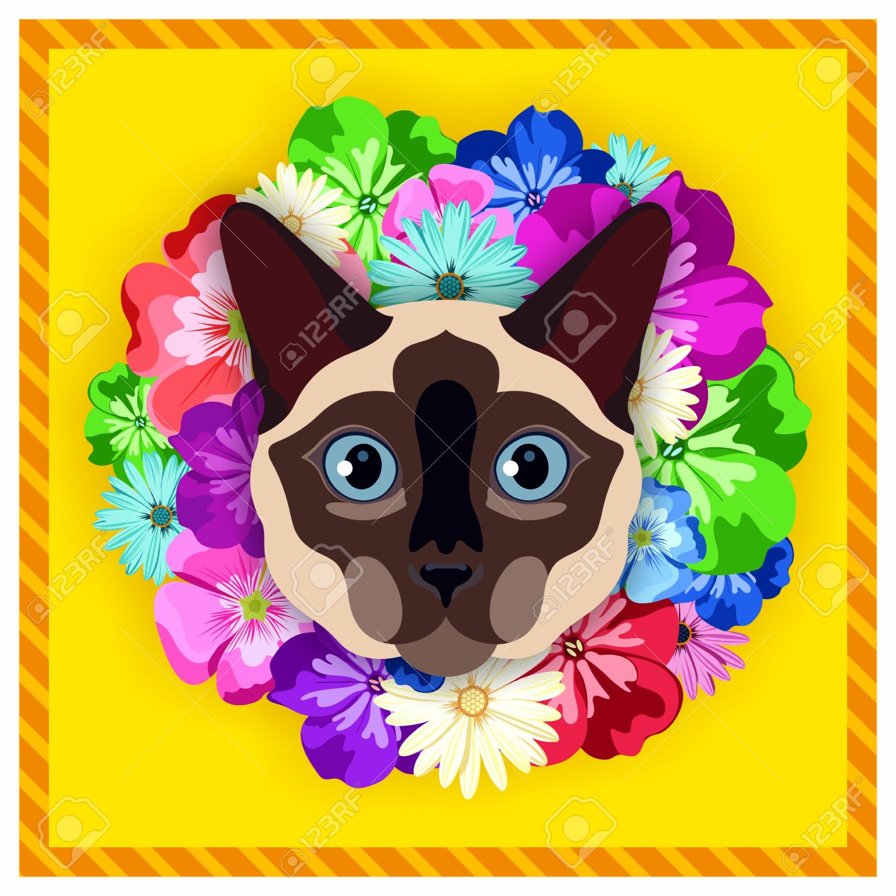 花の中でシャム猫のベクトルの肖像 美しい 明るい色 花のフレーム 縁 動物の対称の肖像画 ベクター イラスト グリーティング カード ポスター アイコン 動物の顔 フォントの碑文 シャム猫顔のイメージ のイラスト素材 ベクタ Image