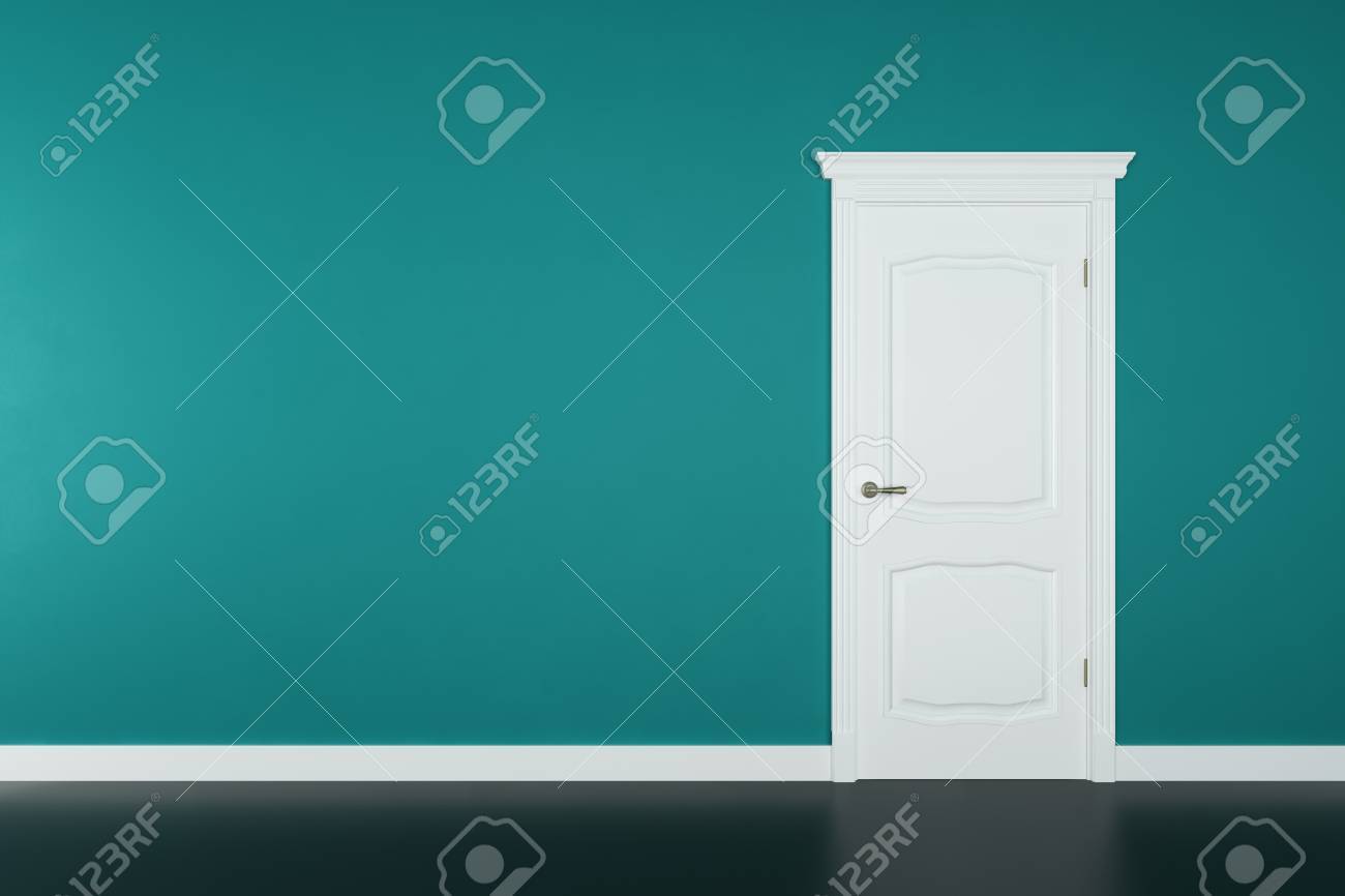 Closed white door on teal wall background - 28774349 Closed white door on teal wall background - 28774349